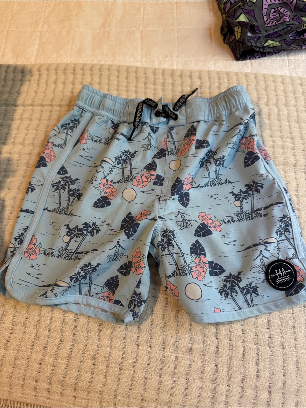 F4A Kids Light Blue Tropical Swim Shorts with Drawstring